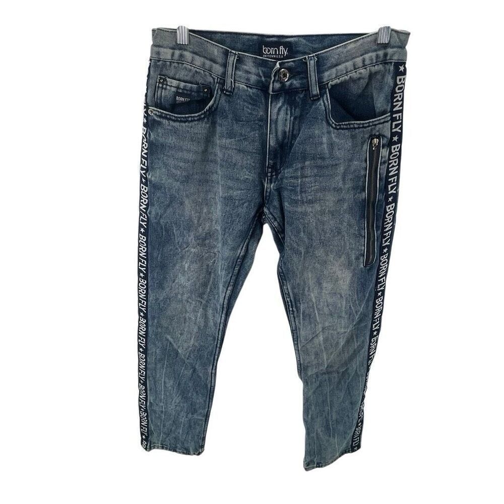 Born Fly Boys Zip Fly Stone Wash Straight Leg Zip Pocket Denim Jeans Blue Sz 16